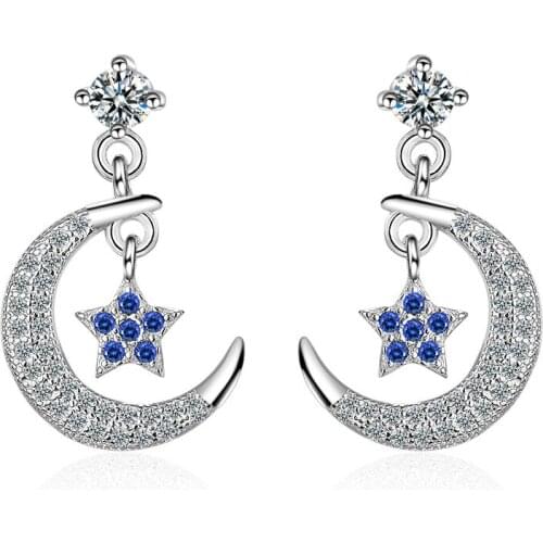 Luxury Shine Cubic Zirconia Moon Star 925 Sterling Silver Female Stud Earrings Original Jewelry For Women Wholesale Birthday