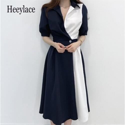 Women Chic Fashion Patchwork Button-up Midi Black and White Shirt Dress Elegance Short Sleeve Fashion Female Dresses Vestidos