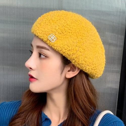 Womens Beret Hat Fashionable Solid Color Wool Knitted Rhinestone Beret Womens French Artist Beanie Beret bonnets wholesale