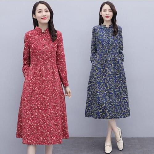 Spring Autumn Vintage Loose Red Print Cotton and Linen Dress 2021 Elegant Casual 3XL Plus Size Midi Dress Women Bodycon Vestidos