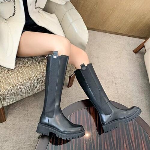 2021 Autumn and Winter Plus Velvet Warm Fashion Boots Womens Thick-soled Microfiber Knee-length High-top Martin Boots