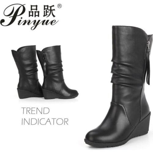 Women Boots Winter Shoes Women Booties Slip-on Wedges Bare Boots Middle Booties Square Heel Casual Winter Warm PU