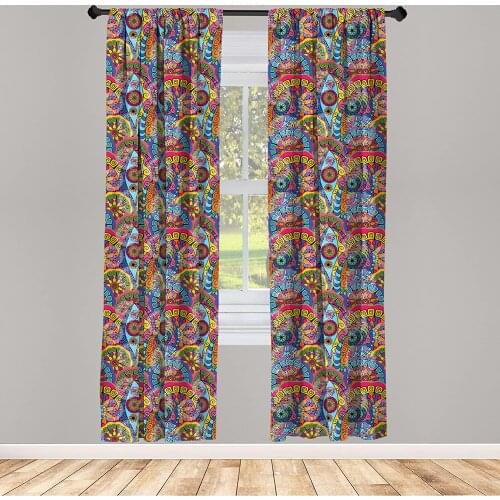 Floral Window Curtains Hippie Style Abstract Blooms with Aztec Tribal Geometric Trippy Boho Antique Lightweight Decorative