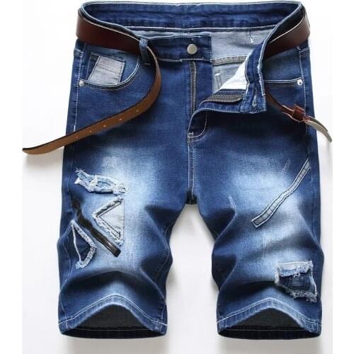 Denim Shorts Knee Length Straight Ripped Jeans Men Summer Casual Shorts Jean Homme Plus Size