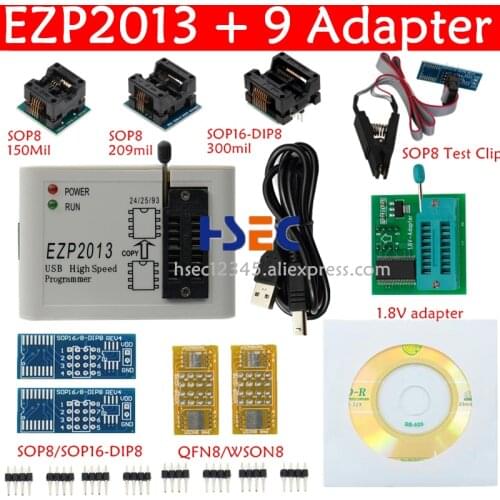 EZP2013 EZP2019 Programmer+ 9 adapter SOP8 test clip sopic8 150mil 200mil to dip8 SOP16 1.8V socket ezp2010 universal ic Bois