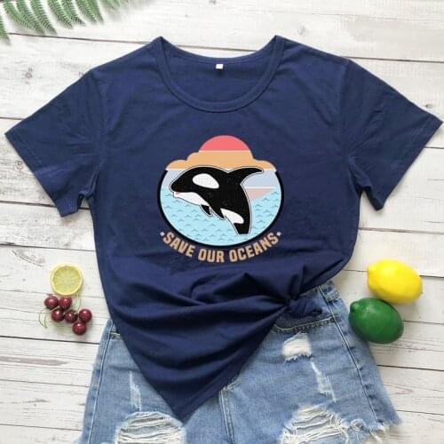 Save Our Oceans Colored Print T-shirt Cute Whale Clean The Ocean Tshirt Trendy Women Graphic Environment Top Tee Shirt