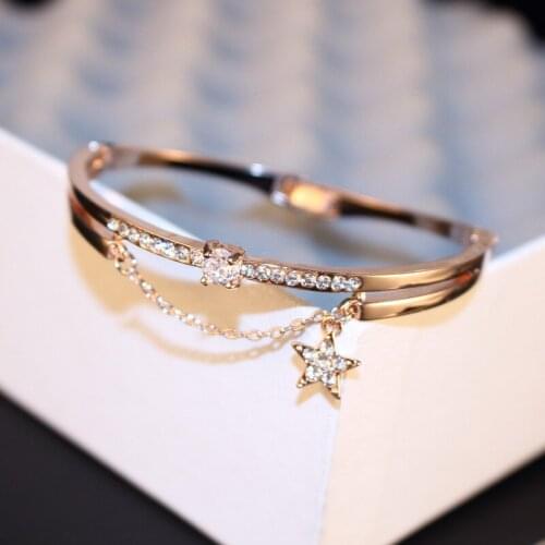 Crystal Star Cuff Bangle Bracelet For Women Sweet Jewelry Luxury Rose Gold Color Rhinestone Bracelets & Bangles
