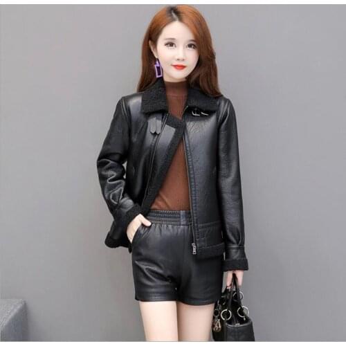 Japanese Korean women leather jacket thick fur coat Lady Winter lapel Collar leather windbreaker 4XL for woman Weight 85 - 92 kg