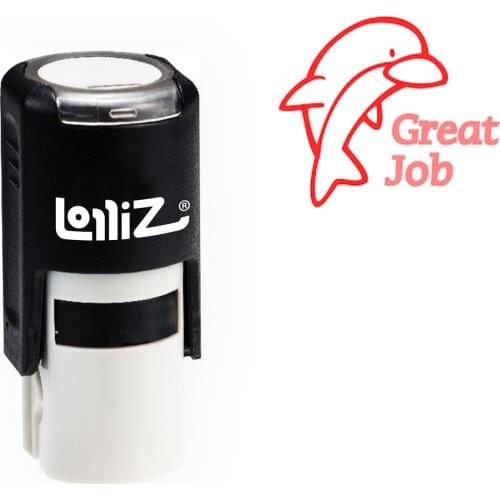 LolliZ Round Self-Inking Stamp, "Great Job" Text W/Dephine Image, Teacher Stamp W/Lid, Laser Engraved Rubber, RED