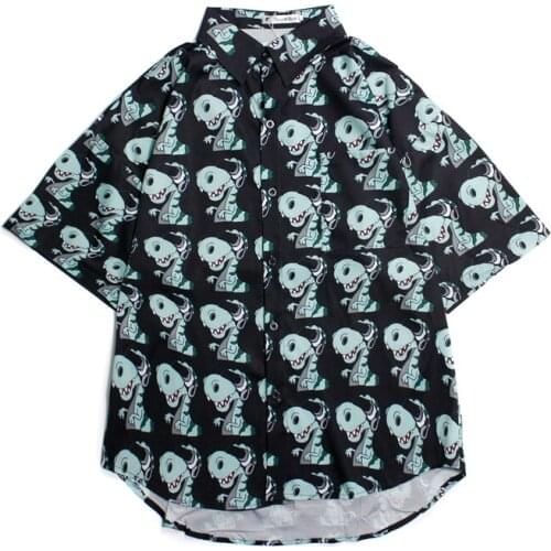 Summer Mens And Womens Youth Popular Thin Shirt Korean Vintage Harajuku Cartoon Dinosaur Print Loose Short-Sleeved Fashion Top