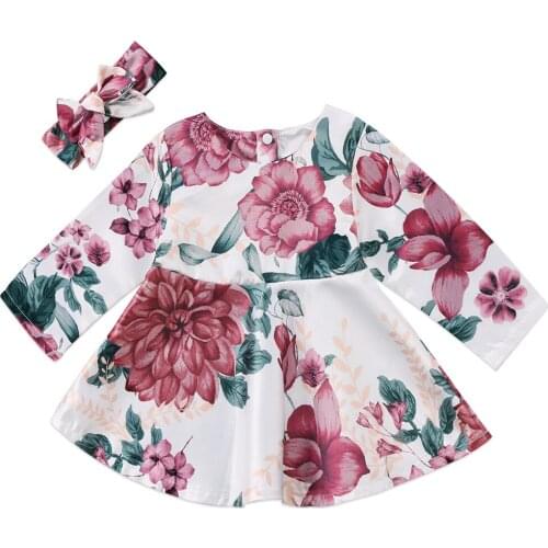 Cute Toddler Kids Baby Girls Dress Flower Long Sleeve Casual Dress+Headband Princess Party Dress 0-24Months