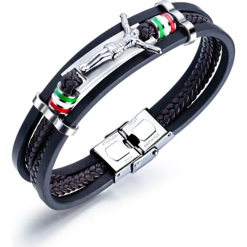 Jesus Charm Men Bracelet Layered Genuine Leather with Stainless Steel Christ Faith Wristband Bracelet