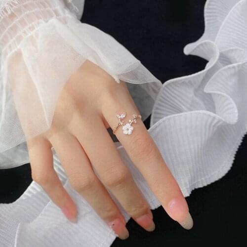 Real 925 Sterling Silver Zircon Shell Flower Adjustable Ring For Fashion Women Wedding PLANT Fine Jewelry Cute Accessories