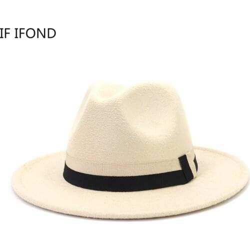 New Felted Hats Wide Brim Fedora Hats With Ribbon Band winter Men Women Elegant Dress Formal Hats Panama Jazz Cap