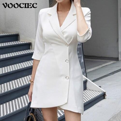 VOOCIEC Commuting dress in autumn and winter Three Quarter Above Knee High waist V-neck fashion work Office secretary dress