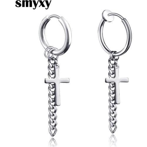 Men Women Punk Stainless Steel Cross Long chain Tassel Earring Pierced/No piercing earrings Street pop ear jewelry
