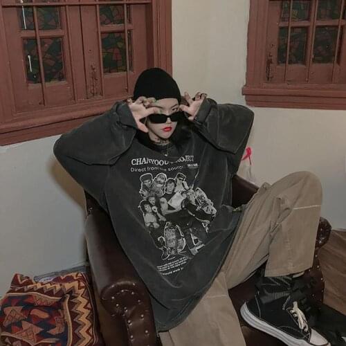 Grey Vintage Hoodies Womens Trendy Hong Kong Style Oversized O-neck Capless Pullover Top Harajuku Clothes Female Sweatshirts