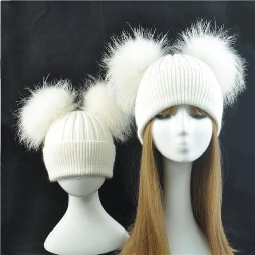 Parent-child Baby Hats 2PCS Mother and Baby Warm Winter Knitted Hats Double Fur Pom Pom Beanie Hats