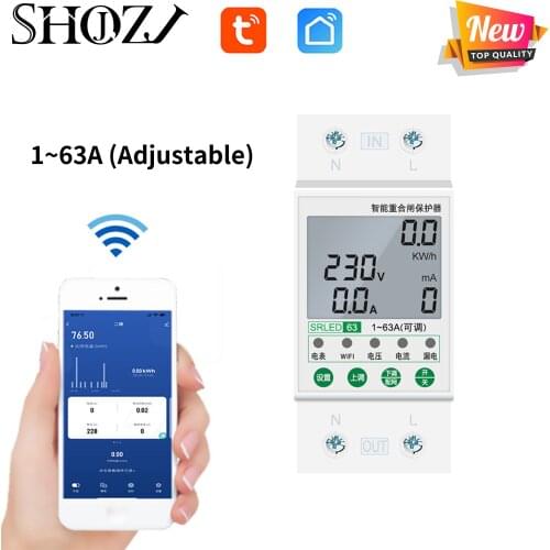 Smart Wifi Remote Control Under Over Load Din Rail Overload 1~63A Current Ajustable Protective Device Digital Display Circuit