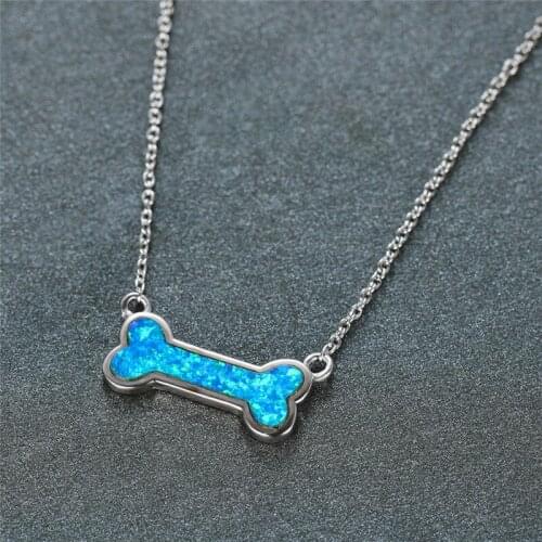 Vintage Rose Gold Silver Color Wedding Necklace Cute Small Dog Bone Pendant Necklace Fashion White Blue Opal Necklaces For Women