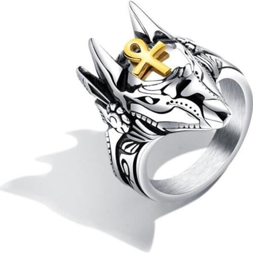 Vintage Stainless Steel Egypt Cross Anubis God Finger Rings for Men Women Punk Wolf Head Knuckle Ring Statement Jewelry