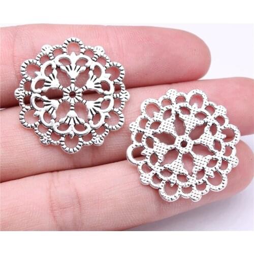 WYSIWYG 10pcs 29x29mm Antique Silver Color Round Flower Motif Charms Pendants Accessories For Jewelry Making Findings DIY