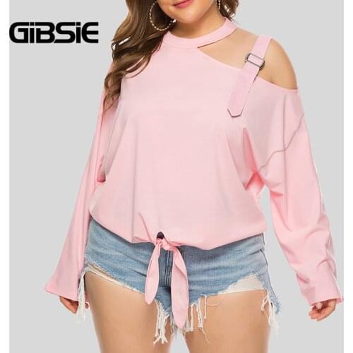 GIBSIE Solid Open Shoulder Women Blouse Shirt Plus Size Long Sleeve O-Neck Tops Women Spring Autumn Tie Hem Casual Top Blouses