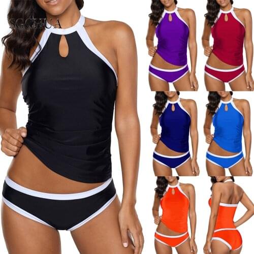 Large Size Solid Blue Orange Bikini Low Waist Thong Two-Piece Swimsuit Backless High Neck Female Bather Bathing Suit Swim Beach