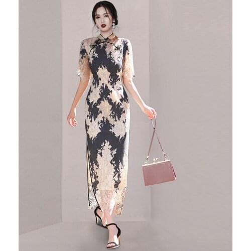Chinese Style Summer Elegant Lace Cheongsams Stand Collar Temperament Party Qipao Dress Retro Women Sexy Split Long Qiapo Dresse