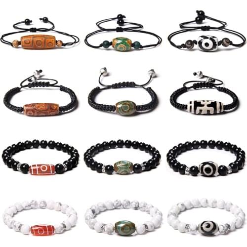 Classic Dzi Beads Charm Natural Stone Bracelets For Women Men Tibetan Black White Bangle Buddhism Prayer Meditation Jewelry Gift