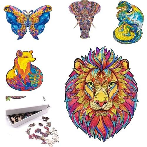 Wooden Jigsaw Puzzles For Adults DIY Crafts Unique Animal Wolf Shape Pieces 3D Puzzle Toys for Kids Family Game Children Gift