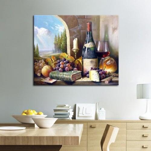 Hand Painted Oil Painting Pictures for Kitchen Glass of Red Wine with Grapes Books and Peach Blue Sky Green Trees Wall Decor