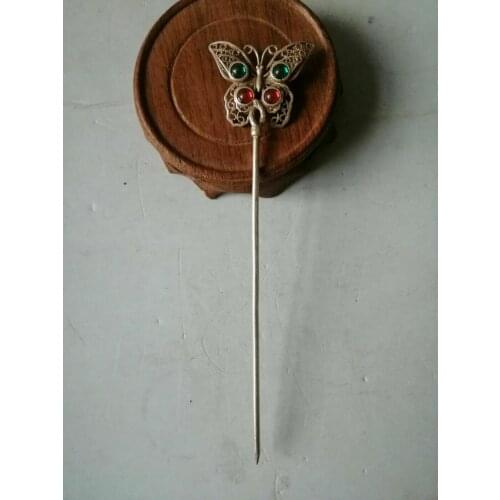 Chinese old Tibet silver Gemstone inlay Carving butterfly Hairpin