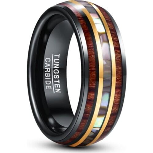 8mm Black Gold Inlaid Wood Grain Abalone Shell Tungsten Carbide Ring Mens Fashion Wedding Rings