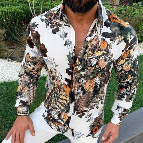 Mens Spring Autumn Big Size Retro 3D Fashion Print Casual Slim Turtleneck Cardigan Long Sleeve Shirt