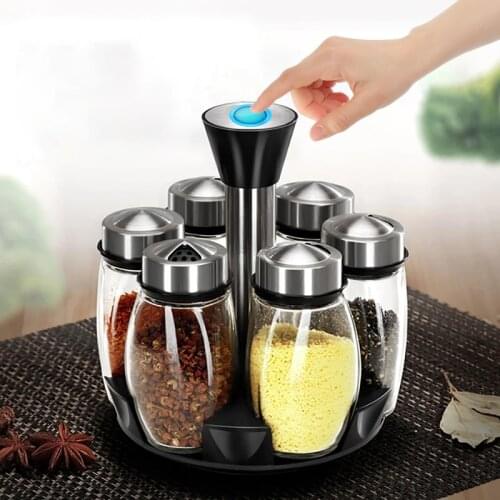 GURET 7Pcs Kitchen Tools Spice Jar Set Stainless Steel Rotating Cruet Condiment Kitchen Sauce Jar Seasoning Bottle Spice Storage