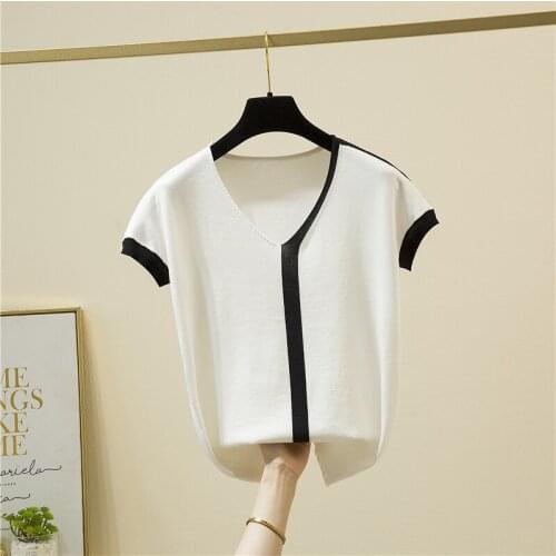 LJSXLS 2021 New Solid Pullover Sweater Women Summer Korean Thin Knitted Top Female Loose V-Neck Short Sleeve Womens Sweaters