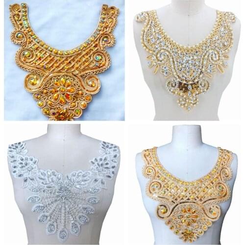 Handmade gold Hot drilling Rhinestone beaded lace embroidery patch collar applique wedding dress DIY Performance clothing