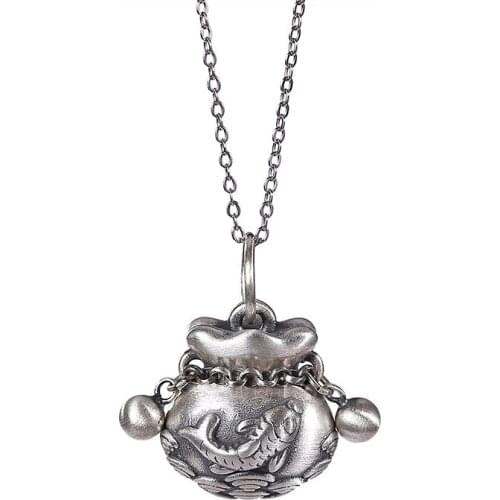 S990 pure silver retro matte personalized carp blessing bag purse ladies sterling silver clavicle chain pendant