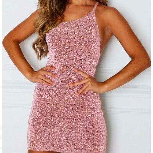 Sexy Silver Glitter Dress Women Fashion Pure Color Sequins Open Back Sling Party Mini Dress Short Party Dress Elegant Falda