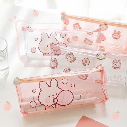 Student Stationery Cute Bunny Peach Japanese Transparency PVC Simple Pink Pencil Case Kawaii School Supplies Storage Bag