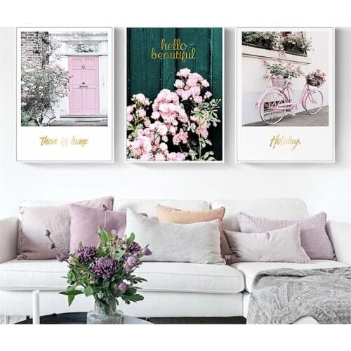 Fresh Ins style be the best pink door bicycle flamingo house flower Modern Wall Art Picture Canvas Painting for porch room Decor