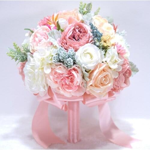 Vintage Decent Elegant Decors Hand Holding Artificial Rose Silk Flower Wedding Bouquet for Bride
