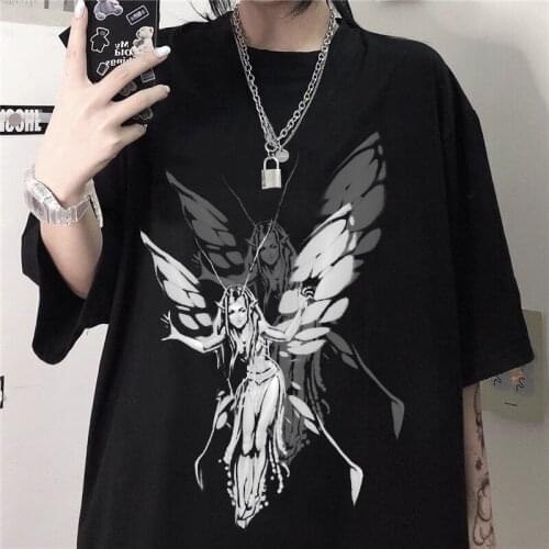 Kpop gothic angel print ins women tees hip hop vintage women shirt oversize Ulzzang american clothing casual y2k female t-shirt