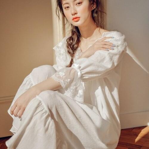 Womens Autumn 100% Cotton Pyjama Lace Palace Lovely Princess Nightgown Lingerie Dress Solid Night Dress Nighty Sexy Nightwear