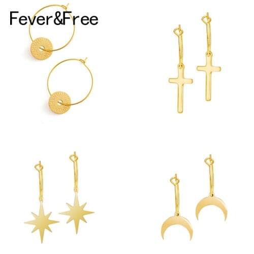 Fever&Free Fashion Luxury Round Earrings For Women Gold Stainless Steel Minimalism Cross Earring High Quality Pendientes Jewelry