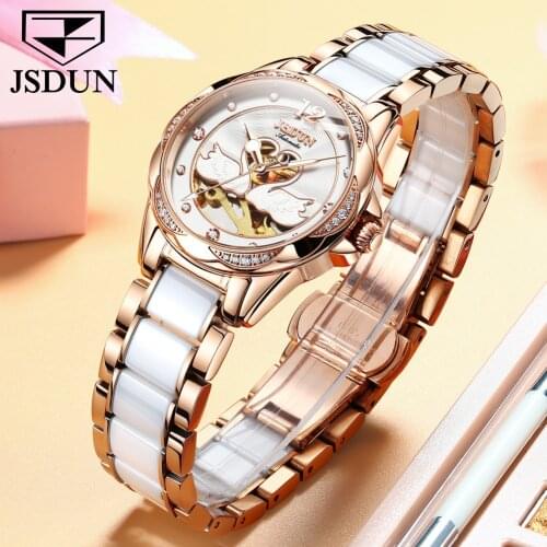 JSDUN Ladies Mechanical Watch Automatic Stainless Steel Watch Automatic Winding Ladies Luxury Skeleton Watch Relogios Femininos