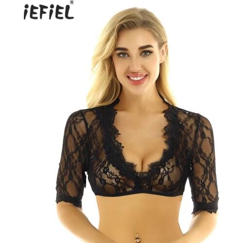Womens Sexy Bavarian Oktoberfest Costume Deep V-neck Half Sleeves Short Blouse Sheer Lace Pullover Dirndl Blouse Women Crop Top