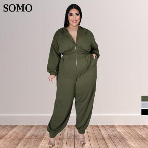 3xl 4xl Plus Size Womens Autumn New Clothing Fashion Solid Color Zipper Pocket Hooded Loose Jumpsuit Wholesale Dropshipping