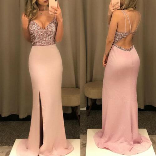 Women Sequins Backless Long Maxi Dress Formal Party Lady Bodycon Ball Prom Gown Ladies Deep V-Neck High Waist Slit Long Dress
